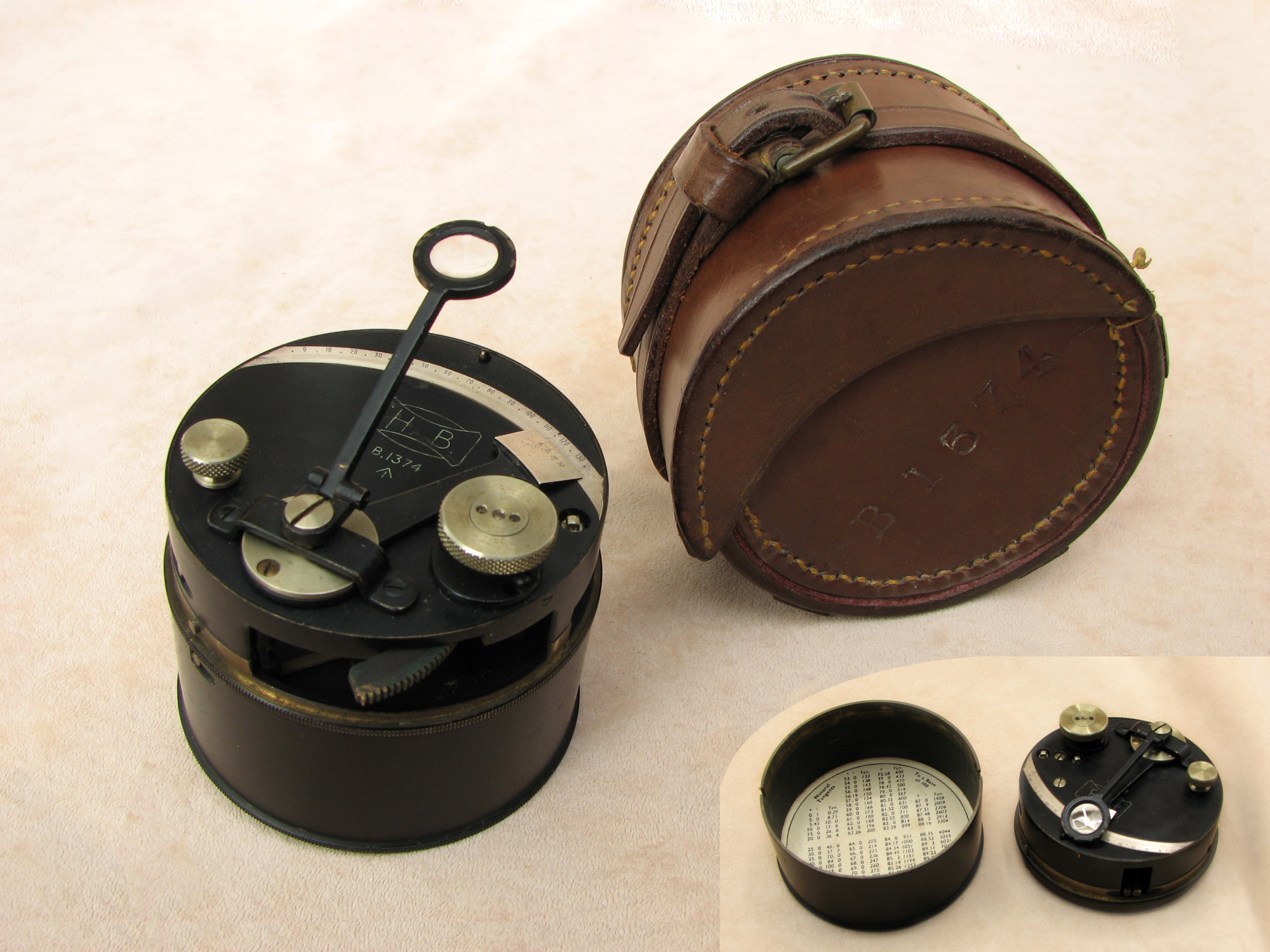 WW1 Hall Brothers pocket or box sextant with leather case